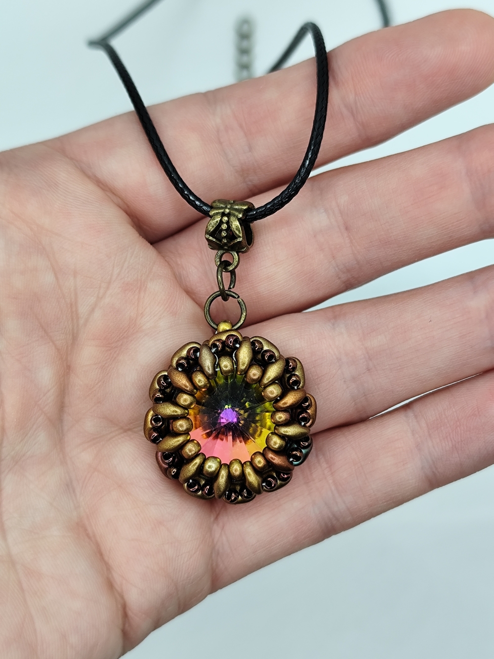 Vintage Bronze Rainbow Crystal Pendant Necklace - Women Jewelry